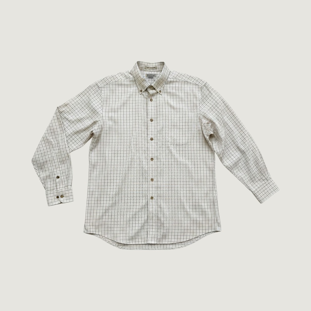 LL Bean Mens Large Tall Wrinkle Resistant Cotton Tattersall Plaid Shirt OMT79
